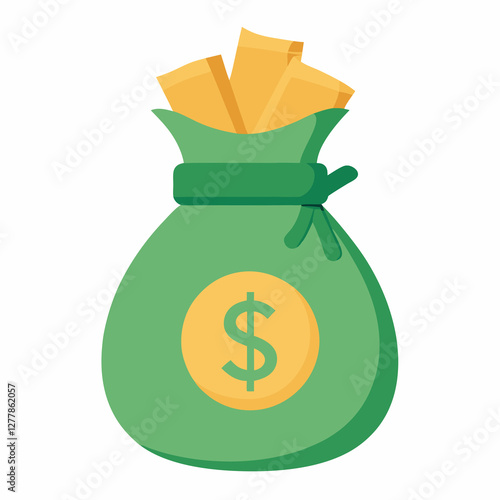 Money bag with bills wealth flat vector illustration on white background