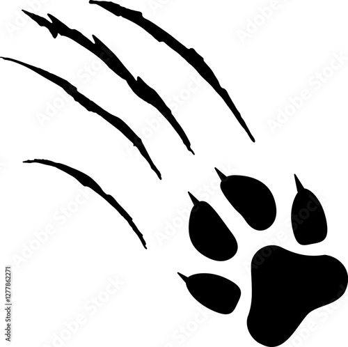Illustration of a black paw print with claw marks ripping through a white background, creating a dramatic and evocative image of animal power and aggression