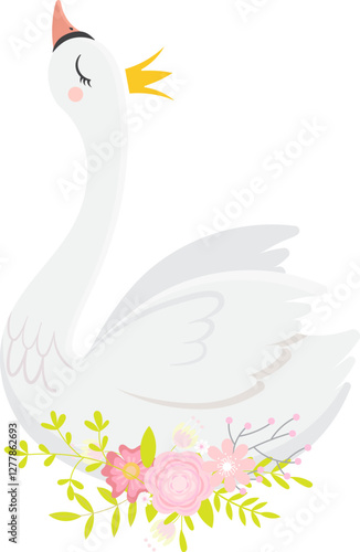 Cute illustration of majestic white swan wearing golden crown and surrounded by pink roses, leaves and flowers, looking up with closed eyes