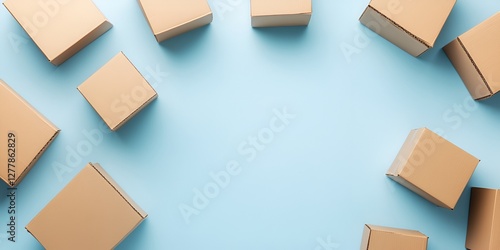 Photo of brown cardboard boxes on a blue background, top view. Flat lay style with copy space for text or design. hite background. white background