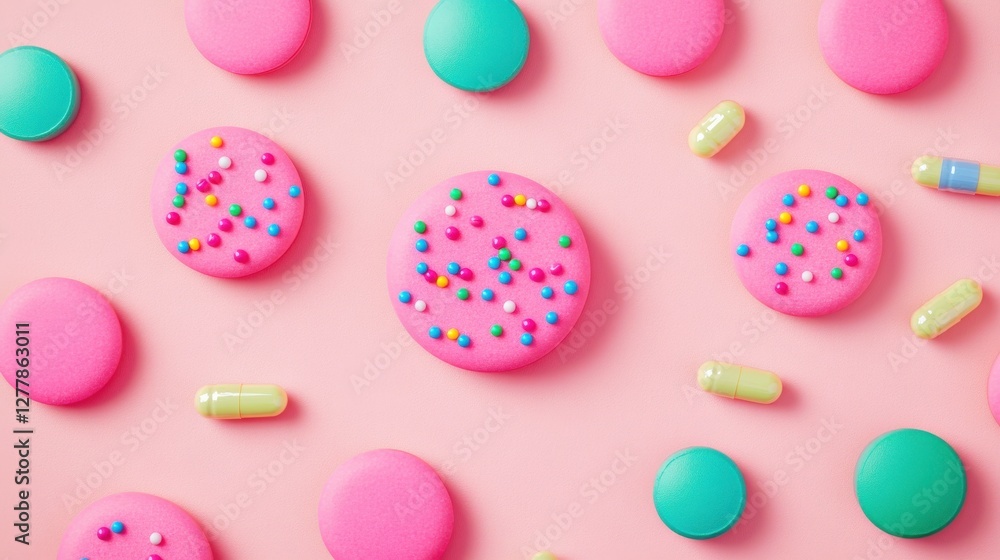 Fototapeta premium Vibrant Display of Colorful Supplements and Vitamins on a Pink Background