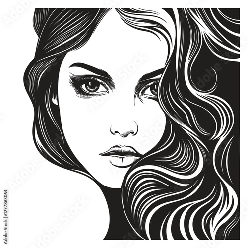 Vector portrait of a fashionable young beautiful girl with tousled hair. Vector isolated black and white female portrait.