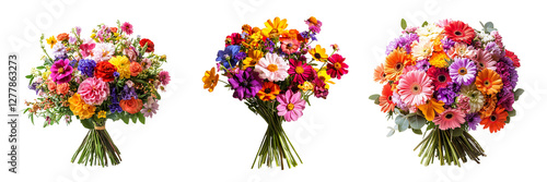 Set of vibrant flower bouquets with mixed blossoms isolated on a white or transparent background.