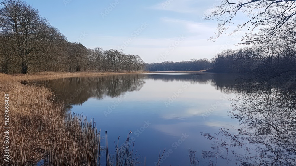 Tranquil lake scene reflects trees under a clear blue sky Tranquil lake scene reflects trees under a clear blue sky