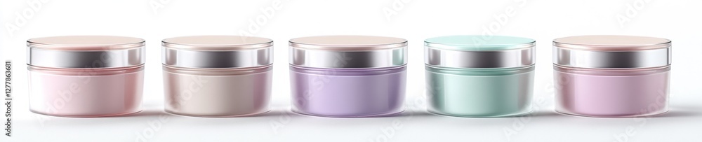 Five pastel cream jars on white background; studio shot; cosmetic product display Five pastel cream jars on white background; studio shot; cosmetic product display