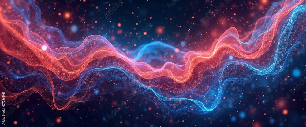 Fluid abstract waves in red and blue tones with glowing particles on a dark backdrop Fluid abstract waves in red and blue tones with glowing particles on a dark backdrop