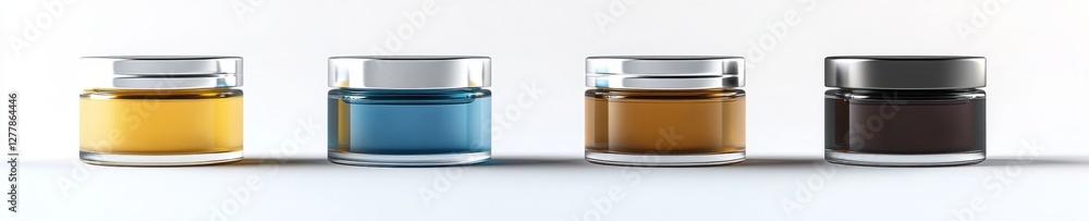 Four colored creams in jars on white, studio shot Four colored creams in jars on white, studio shot