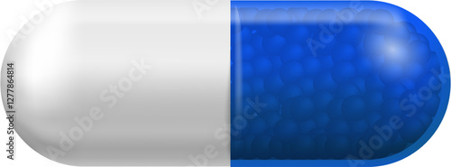Medical capsule containing blue granules, representing pharmaceutical industry, drug development and healthcare, promoting wellness and treatment of diseases