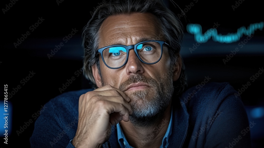 man with silver hair and glasses sits in a dark office, deeply engaged in thought. glow from screens highlights his face as he contemplates data trends late at night man with silver hair and glasses sits in a dark office, deeply engaged in thought. glow from screens highlights his face as he contemplates data trends late at night