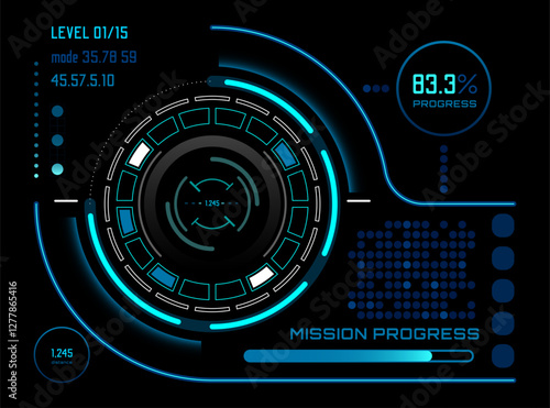 Futuristic head up display - HUD - interface with glowing neon elements, showing mission progress, level information, mode, and distance data on a dark background