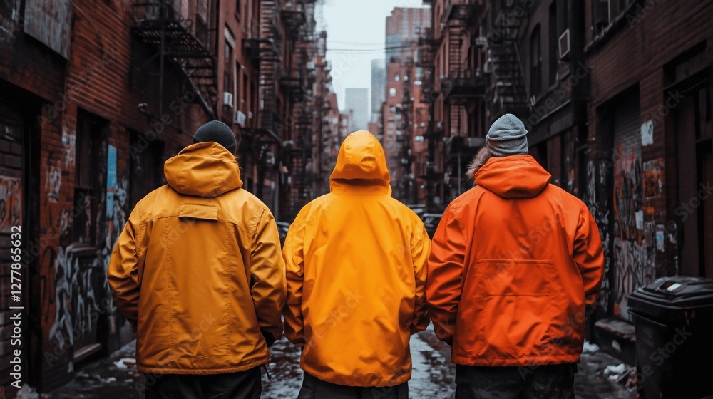 Three friends in vibrant jackets stroll through a narrow urban alley. walls are covered in graffiti, and the mood is reflective under the gray, overcast sky Three friends in vibrant jackets stroll through a narrow urban alley. walls are covered in graffiti, and the mood is reflective under the gray, overcast sky
