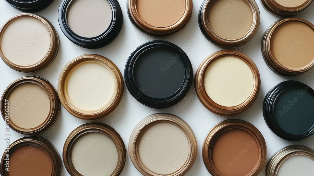 Harmonious array of neutral paint swatches in circular containers creating a modern artistic composition