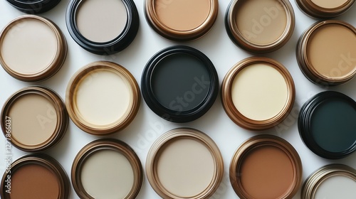 Obraz na płótnie Harmonious array of neutral paint swatches in circular containers creating a modern artistic composition w salonie