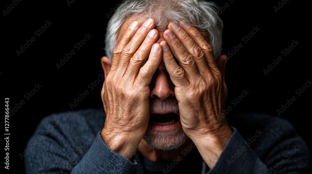 Fototapeta premium elderly man visibly showing intense emotions by covering his face with hands, suggesting feelings of grief or distress in a dark setting. His expression reveals deep inner turmoil