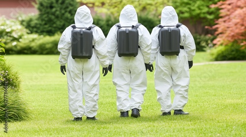 Three professionals clad in white protective suits walk across a grassy area in a park, possibly conducting a decontamination or safety procedure amidst greenery and landscaped bushes photo