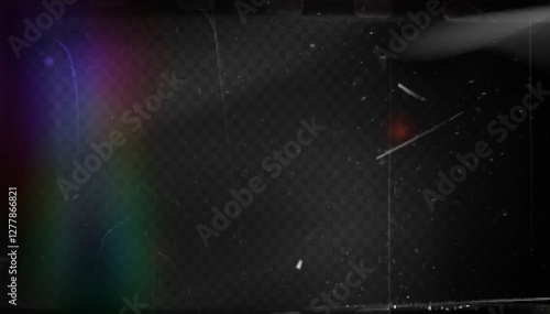 Old film texture with grain noise, scratches and dust particles on transparent background. Realistic vintage distressed movie overlay with light leaks and dark vignette edges for retro photo effects.