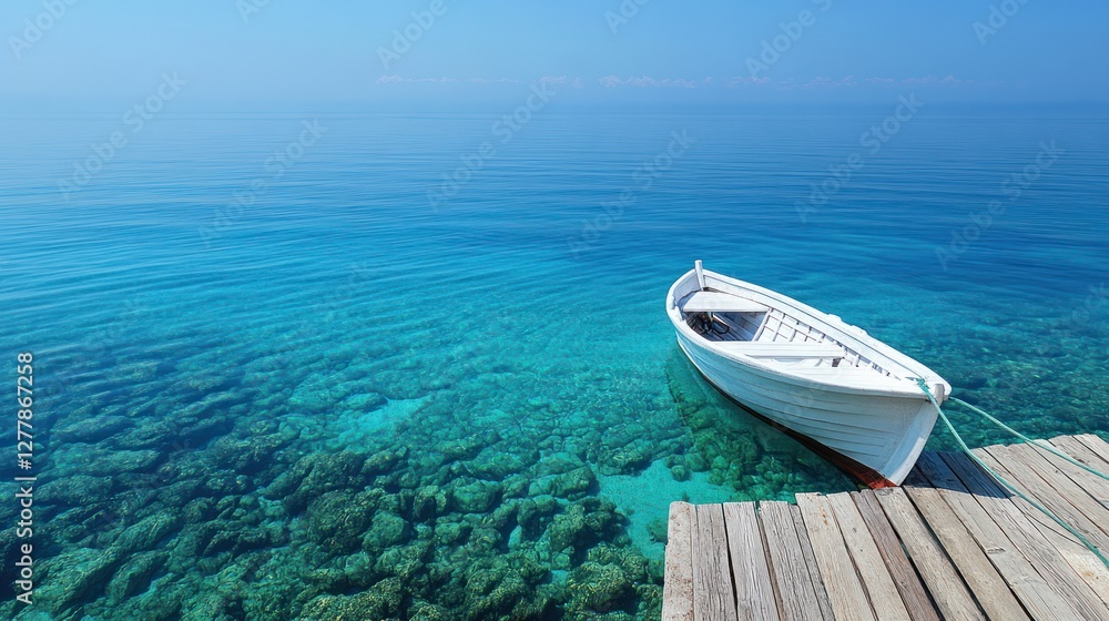 Fototapeta premium Serene white boat rests on calm turquoise water by dock