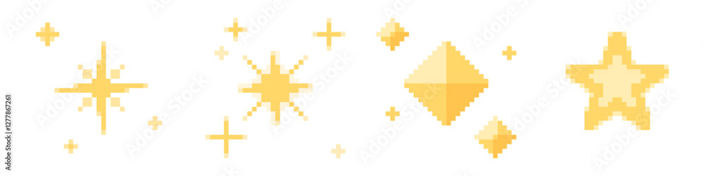 Pixel stars set - glowing yellow shapes in different geometric forms, sparkles and luminous crosses for space arcade game design. 8-bit digital elements. Retro style bright pixelated objects. Pixel stars set - glowing yellow shapes in different geometric forms, sparkles and luminous crosses for space arcade game design. 8-bit digital elements. Retro style bright pixelated objects.