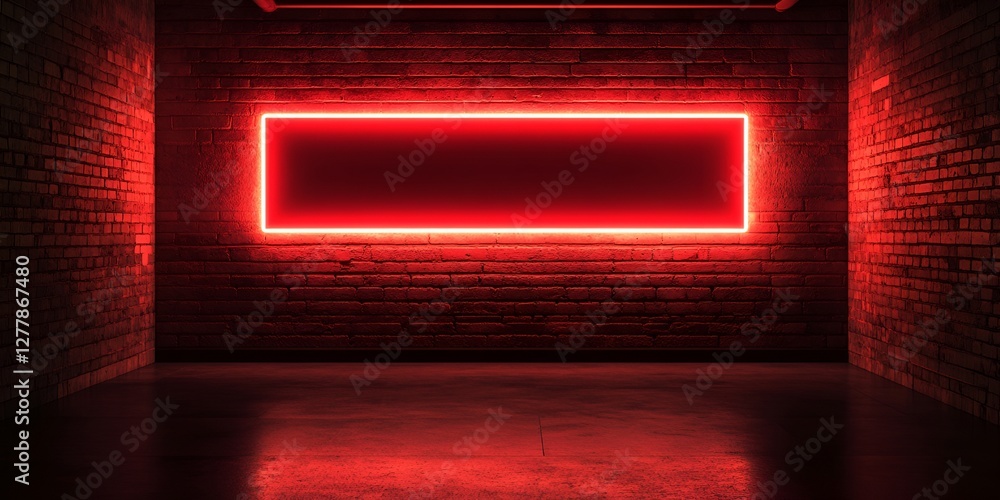 Red glowing neon lights in a dark room with an empty brick wall and an illuminated long horizontal sign. A neon frame banner is in the background. white background Red glowing neon lights in a dark room with an empty brick wall and an illuminated long horizontal sign. A neon frame banner is in the background. white background