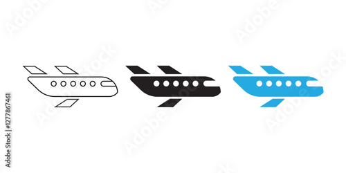 Airplane icon. Plane symbol. Airline sign. Simple, stylized vector icons of an airplane in black, white, and blue.