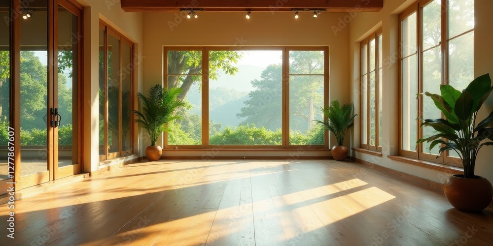Obraz premium Serene sunlit room with hardwood floors and expansive windows offering a tranquil view of lush green foliage