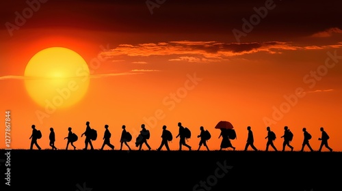 Silhouetted figures walk against a vibrant sunset, creating a striking contrast with the warm colors of the horizon.