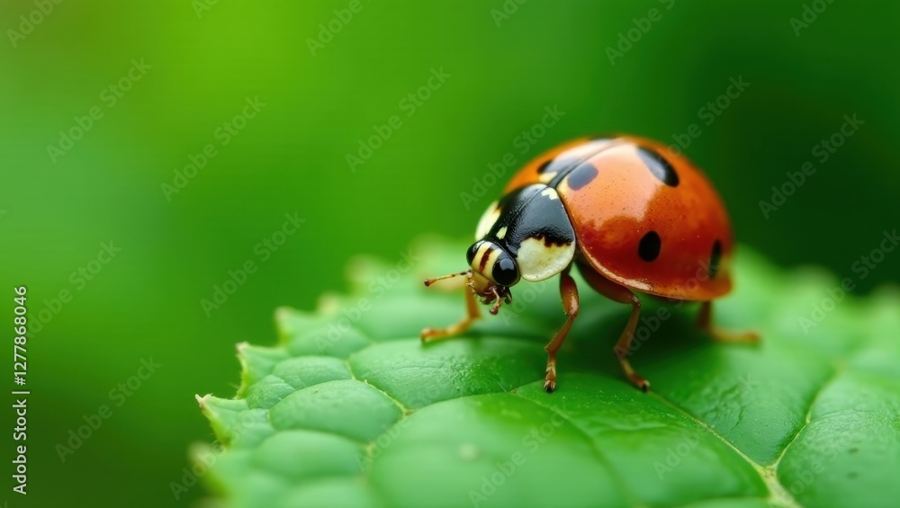 A Vivid Close-Up of a Ladybug Perched on a Lush Green Leaf in a Serene Natural Setting A Vivid Close-Up of a Ladybug Perched on a Lush Green Leaf in a Serene Natural Setting