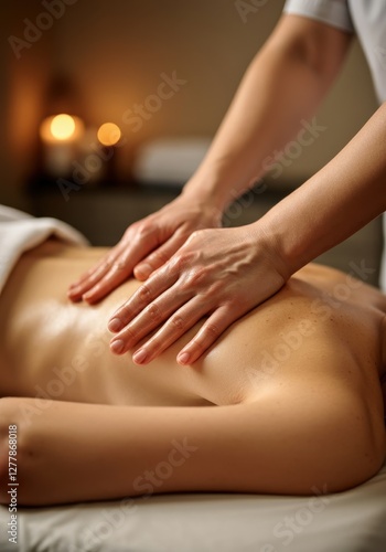 Skilled massage therapist spreading aromatic oil across client's back during relaxing treatment, soft candlelight illuminating spa setting with serene ambiance