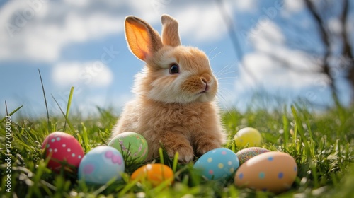 cute fluffy bunny rabbit surrounded by easter eggs in grass