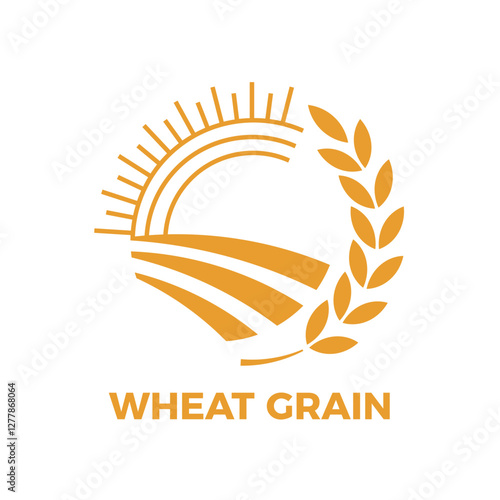 Stylized circular icon representing a wheat field under a shining sun, with grain stalks forming a decorative frame, symbolizing agriculture, farming, and the production of wheat grain