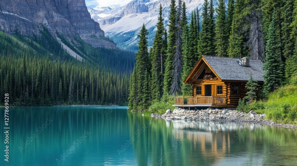 Fototapeta premium Log cabin nestled on the shore of a tranquil lake
