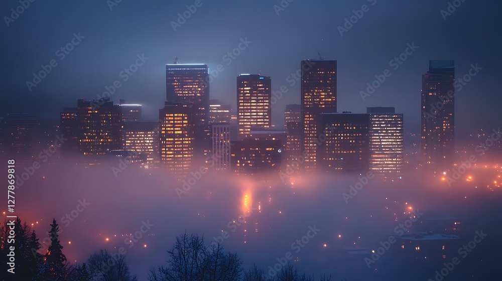 Fototapeta premium City Skyline Emerging From Fog at Night with Warm Lights Glowing
