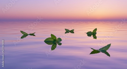 Fresh mint leaves floating serenely on calm water at sunset, creating a tranquil atmosphere photo