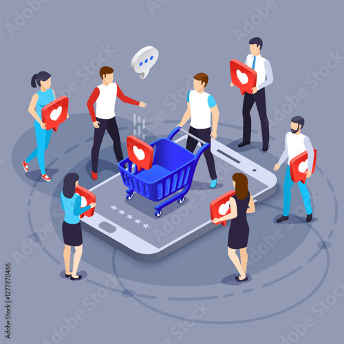 People engaging in positive feedback and adding likes to shopping carts on smartphones, enhancing online store ratings and boosting customer satisfaction in e commerce