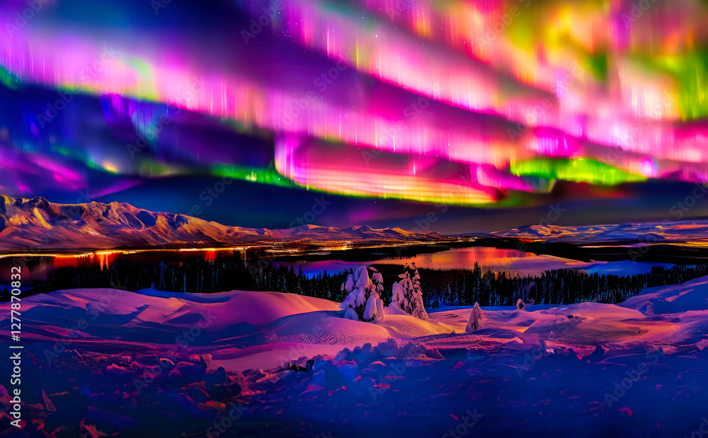 Snow coverd landscape with Northern light sky