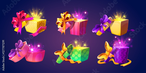 Open gift boxes set with glowing magical light inside and decorative bows - stars fly from colorful packages. Cartoon cute illuminated present containers for game rewards or bonus interface design.