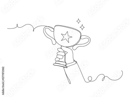 Continuous one line drawing of a hand holding a trophy  isolated.