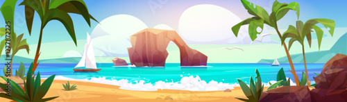 Tropical lagoon panorama with rocky arch, white sailboats and blue sea. Sandy harbor surrounded by palm trees, ocean waves, coastal cliffs on bright sky. Paradise beach landscape for summer vacation.