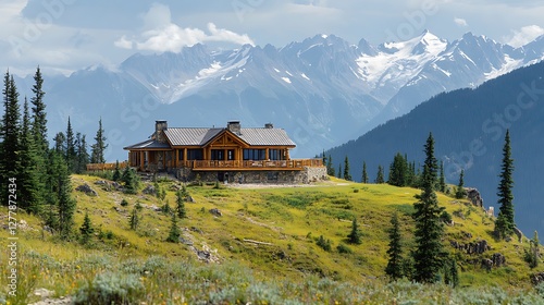 Mountaintop Log Cabin Majestic Mountain Range Backdrop photo