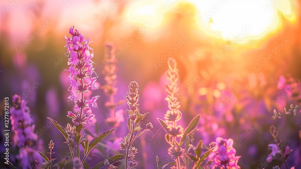 Naklejka premium Enchanting close-up of radiant purple blooms in a lush field bathed in a warm sunset glow