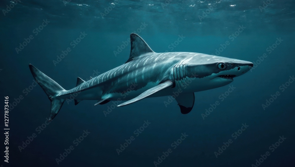 Fototapeta premium A majestic pelagic predator gracefully swims in the deep ocean's tranquil blue depths