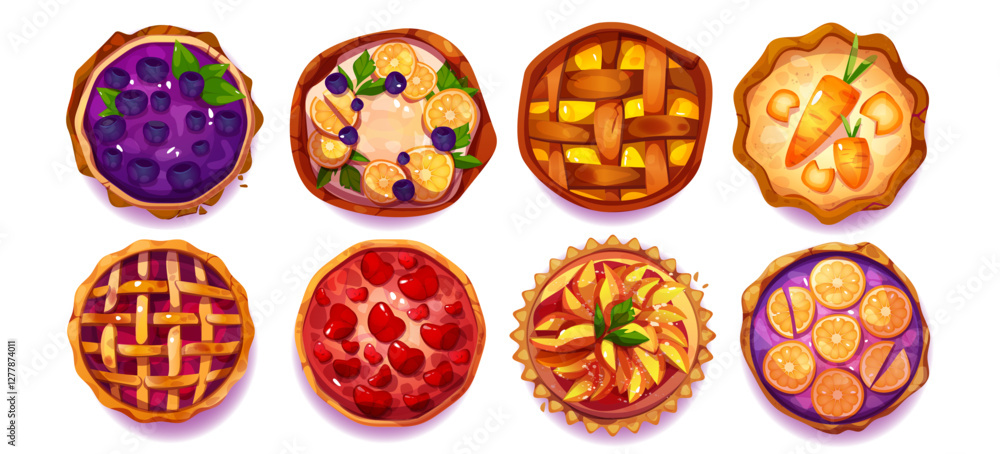 Fototapeta premium Top view pies and tarts collection with fruit fillings. Fresh desserts topped with blueberries and oranges, carrots and apples, berry jam and lattice. Cartoon sweet pastry set for bakery menu design.