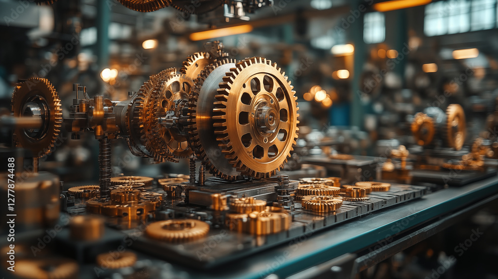 Fototapeta premium Industrial gears mechanism displayed in manufacturing workshop with detailed brass components. Engineering machinery parts showing mechanical precision for industrial automation concepts