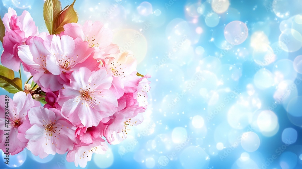Pink cherry blossoms spring bloom, bokeh background, website banner Pink cherry blossoms spring bloom, bokeh background, website banner