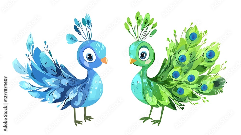 Obraz premium Two Adorable Cartoon Peacocks Blue and Green Birds.