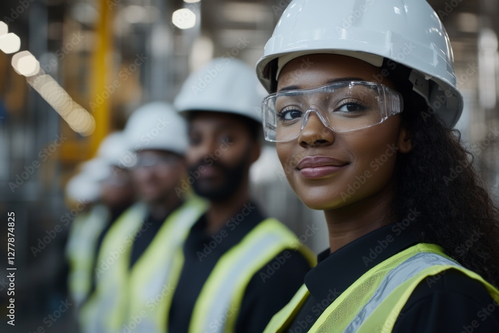 group of diverse workers in safety gear, including hard hats and reflective jackets, stand at industrial plant setting group of diverse workers in safety gear, including hard hats and reflective jackets, stand at industrial plant setting