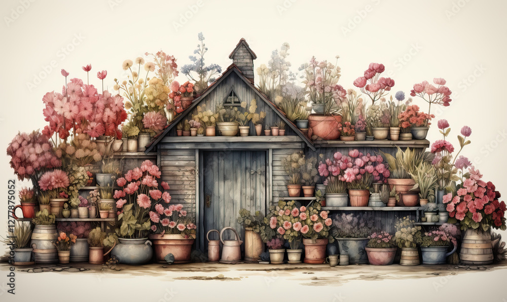 Fototapeta premium Vibrant flower pots surround a rustic garden shed. Generative AI