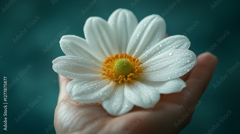 White daisy flower resting on human palm with water droplets against teal background. Fresh bloom showcasing delicate petals with yellow center for natural beauty concepts White daisy flower resting on human palm with water droplets against teal background. Fresh bloom showcasing delicate petals with yellow center for natural beauty concepts
