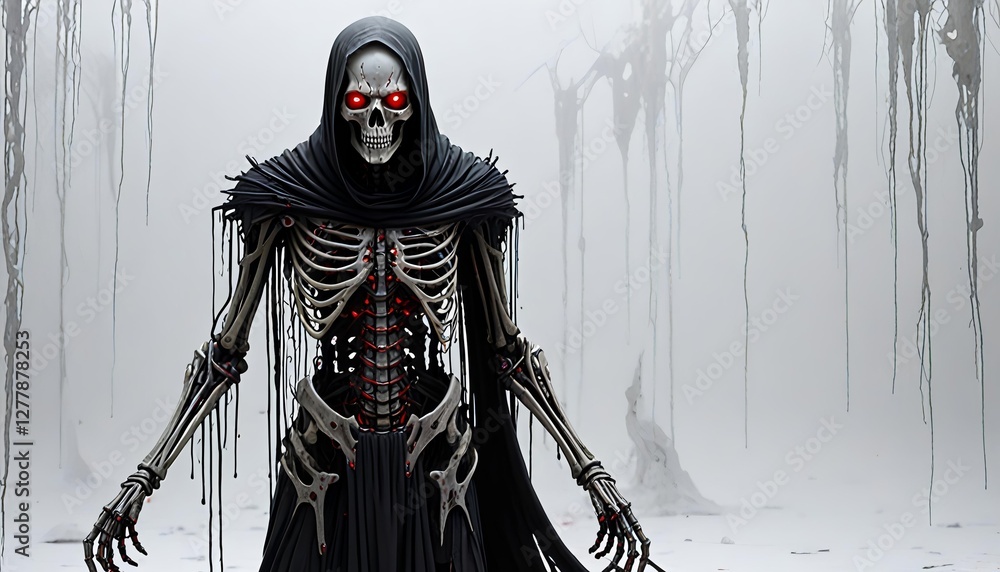 Skeletal Wraith with Glowing Red Eyes in a White Void