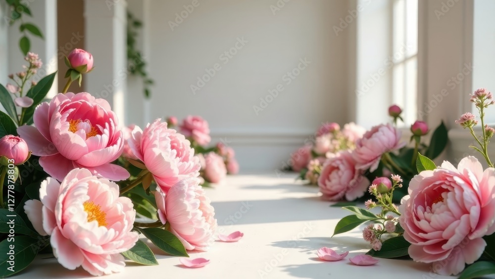 Lovely Pink Peonies Arranged on a White Surface Basking in Sunlight's Gentle Embrace Lovely Pink Peonies Arranged on a White Surface Basking in Sunlight's Gentle Embrace